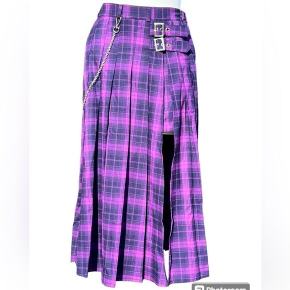 Listen Flavor Purple Checkered Pleated Midi Skirt With Chain Detail - Picture 1 of 11